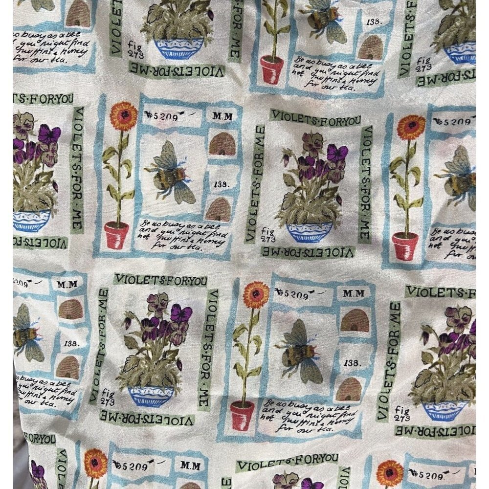 Vintage 100% Silk Violets Floral Print Bumblebee Rectangle Wrap Scarf